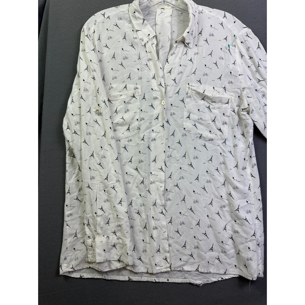 Just Living Paris Eiffel Tower Print Button Down Shirt White Size M Split Back